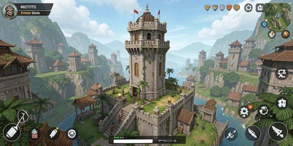 Tampilan gameplay MIOTOTO menampilkan strategi pertahanan menara yang mendalam.