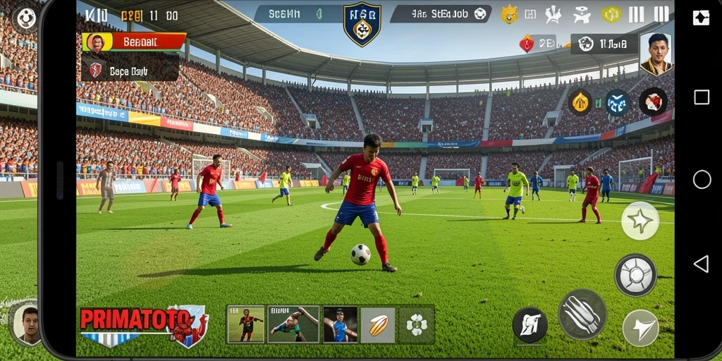 Tampilan gameplay seru dalam PRIMATOTO, menampilkan aksi di lapangan sepak bola.